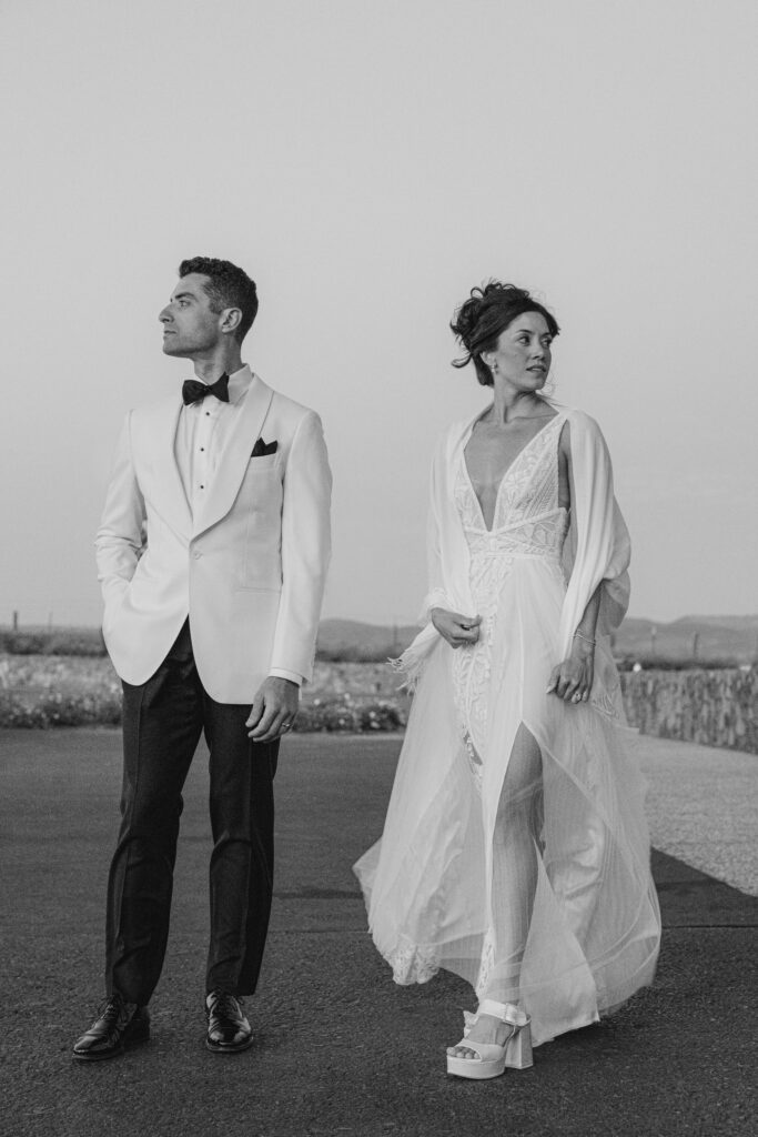 Black and white editorial wedding portrait of bride and groom in modern attire at Carneros Resort and Spa in Napa Valley