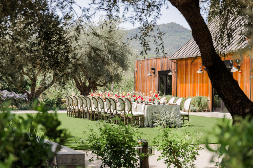 Outdoor reception setup at Estate Yountville with long banquet table beneath olive trees and modern wood pavilion in Napa Valley