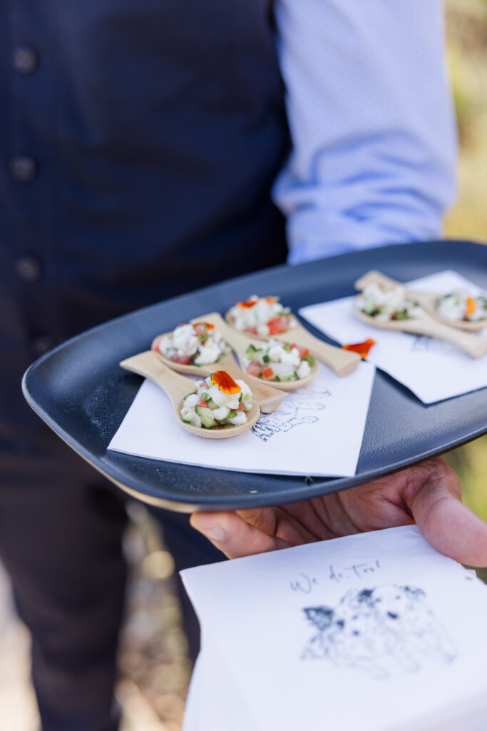 Server presenting plated appetizer course at Montage Healdsburg outdoor wedding dinner