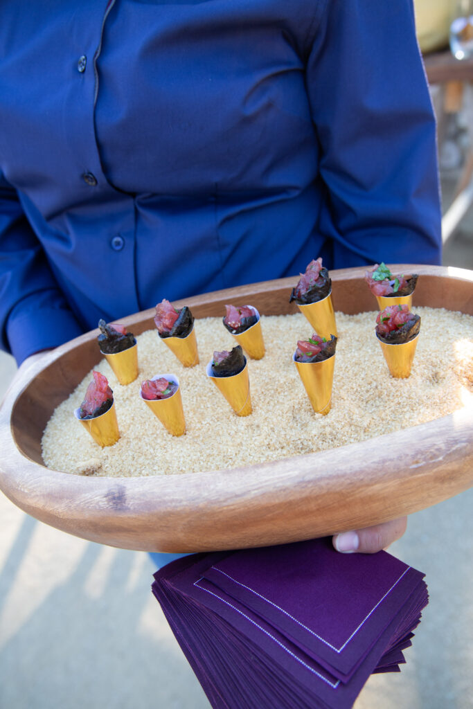 Passed hors d’oeuvres served in gold cones at Montage Healdsburg wedding