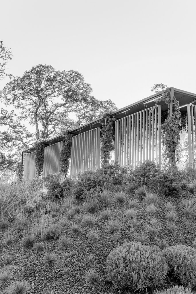 Black and white image of outdoor event pavilion at Montage Healdsburg wedding venue