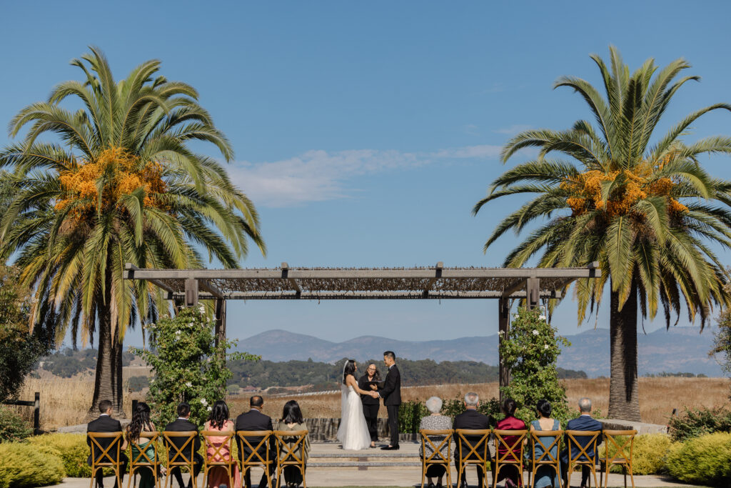 A bride and groom exchange vows beneath a pergola flanked by towering palm trees during their outdoor Carneros Resort wedding ceremony, with the Napa Valley mountains and golden vineyards stretching out behind them, photographed by Napa wedding photographer Suzanne Karp
