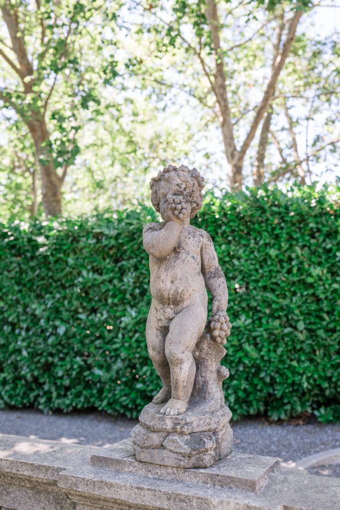 A stone cherub garden statue nestled among lush green hedges at Beaulieu Gardens in Rutherford, a signature detail of this iconic Napa Valley wedding venue, photographed by Napa Valley wedding photographer Suzanne Karp
