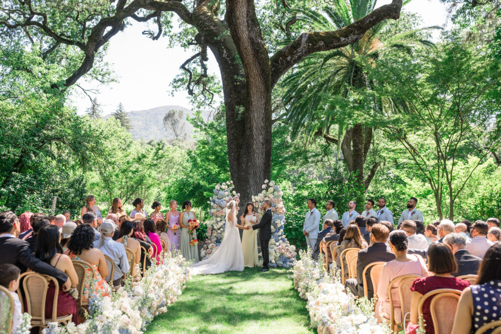 A wide view of a garden wedding ceremony at Beaulieu Gardens in Rutherford, with 200 guests seated along a lush floral aisle leading to an asymmetrical flower arch beneath ancient oak trees and Napa Valley mountains in the distance, photographed by Napa Valley wedding photographer Suzanne Karp
